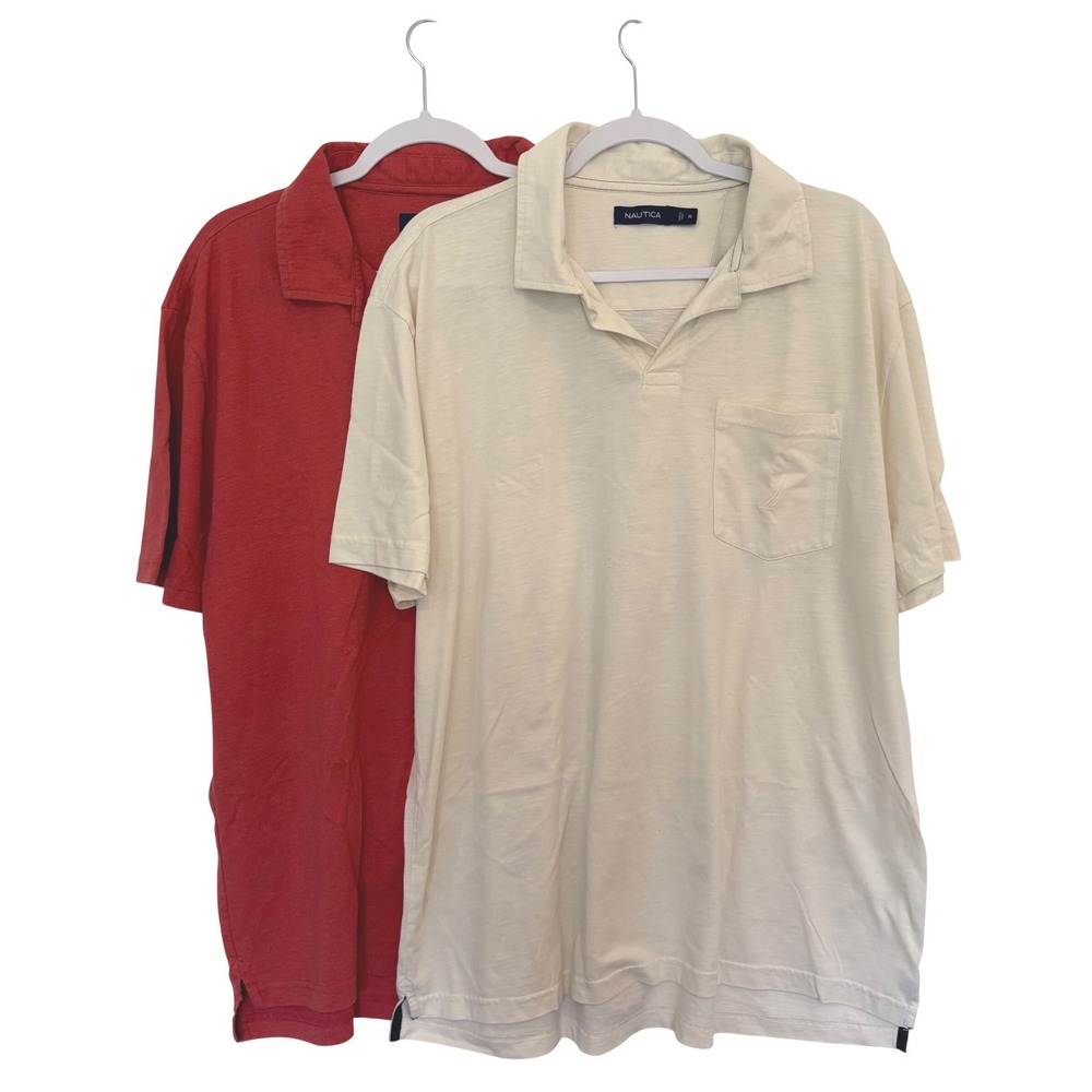 Lot of 2 Nautica Mens Polo Shirts Size XL Cream Johnny Collar & Red Deck Casual